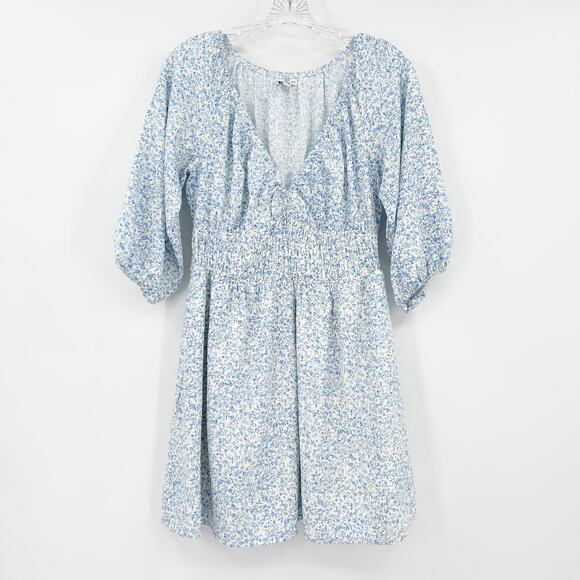Baltic Born Koa Short Dress Blue Cream Ditsy Floral Smocked Waist Womens Sz S - Picture 3 of 12